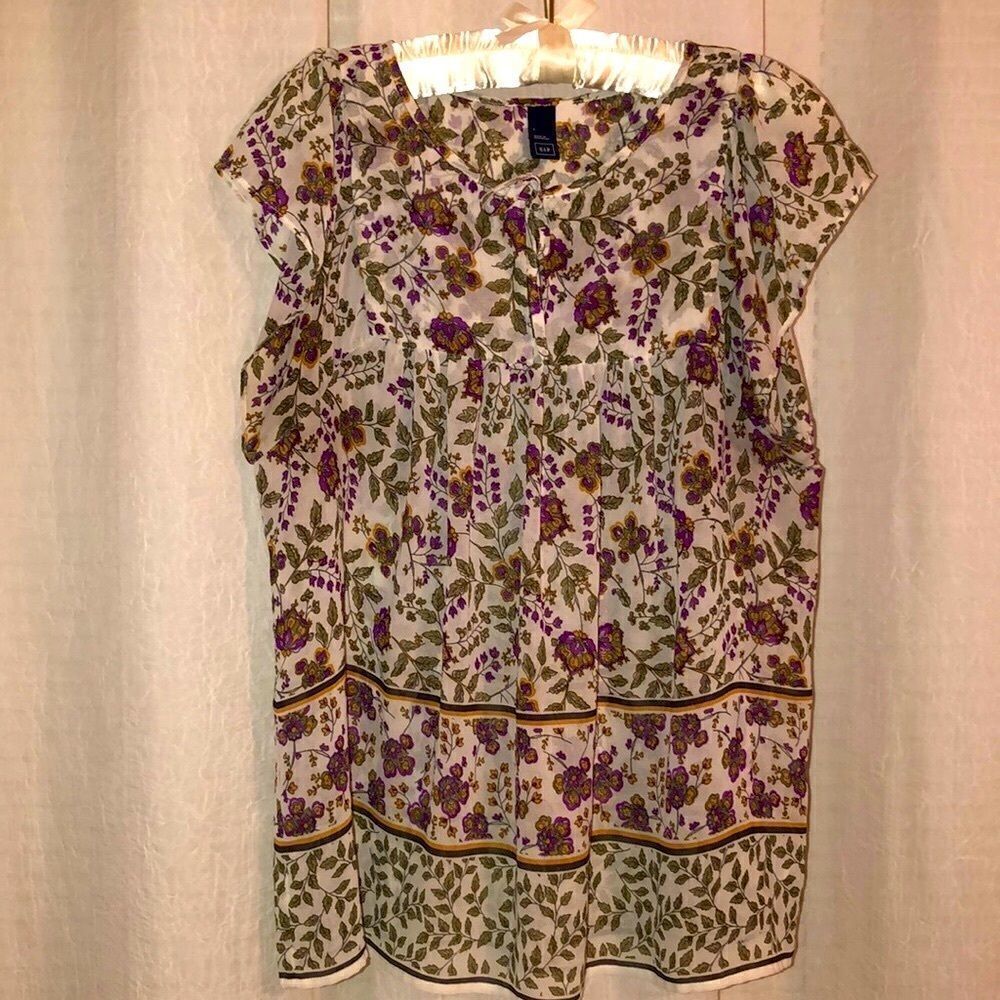 GAP L Flare Sleeves Baby Doll Light Top Blouse Green Purple Floral